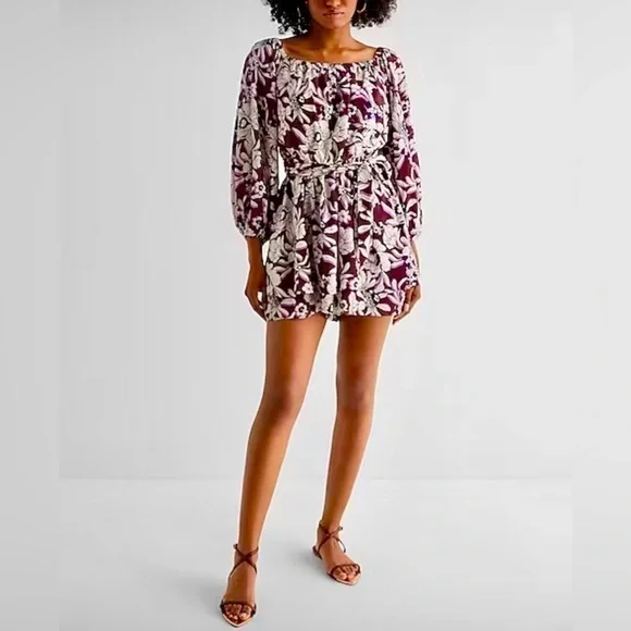 NWT Express Sz XS Floral Off The Shoulder Tie Waist Ruffle Romper - Picture 6 of 7